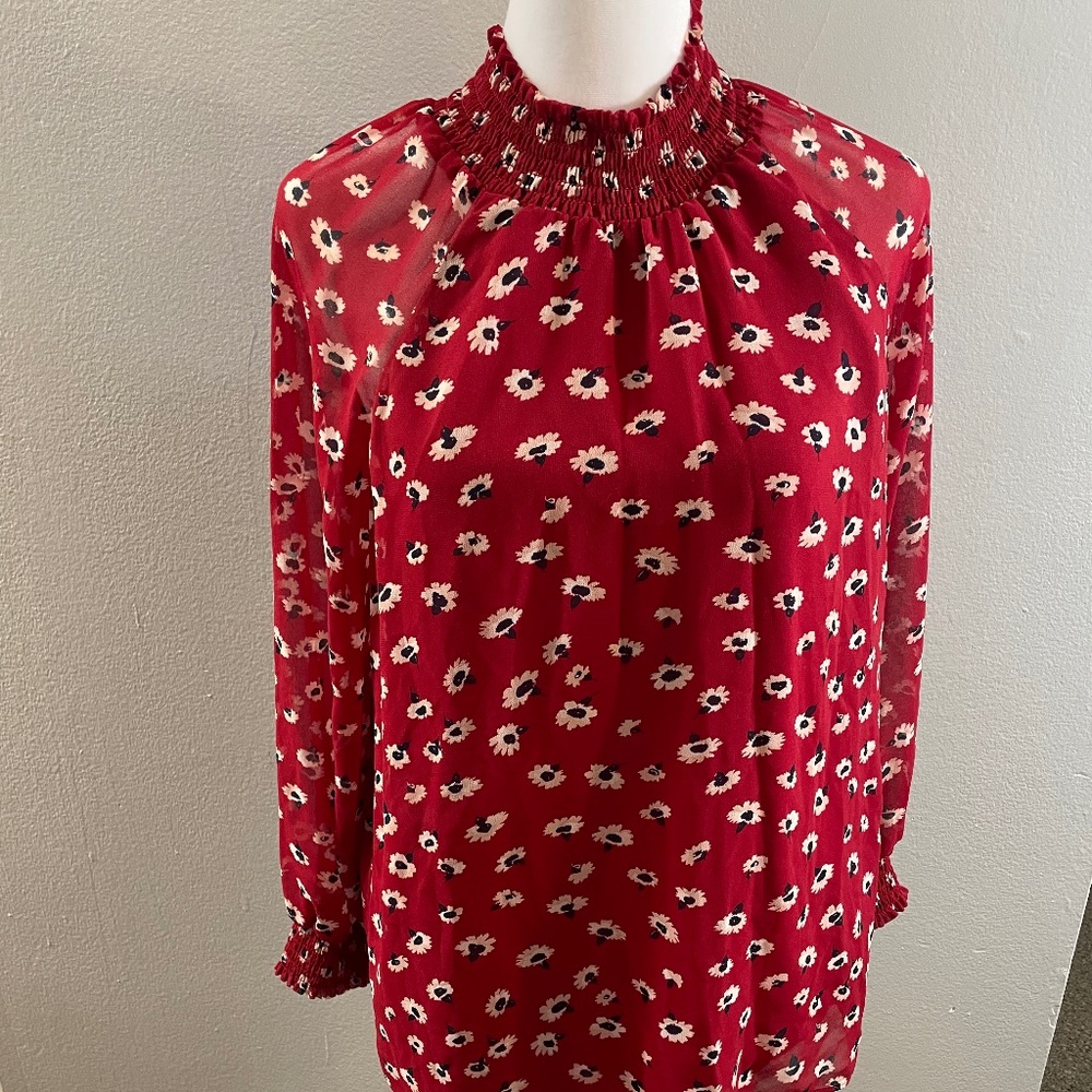 Spring Madewell red floral flower long sleeve shirt XS small sheer